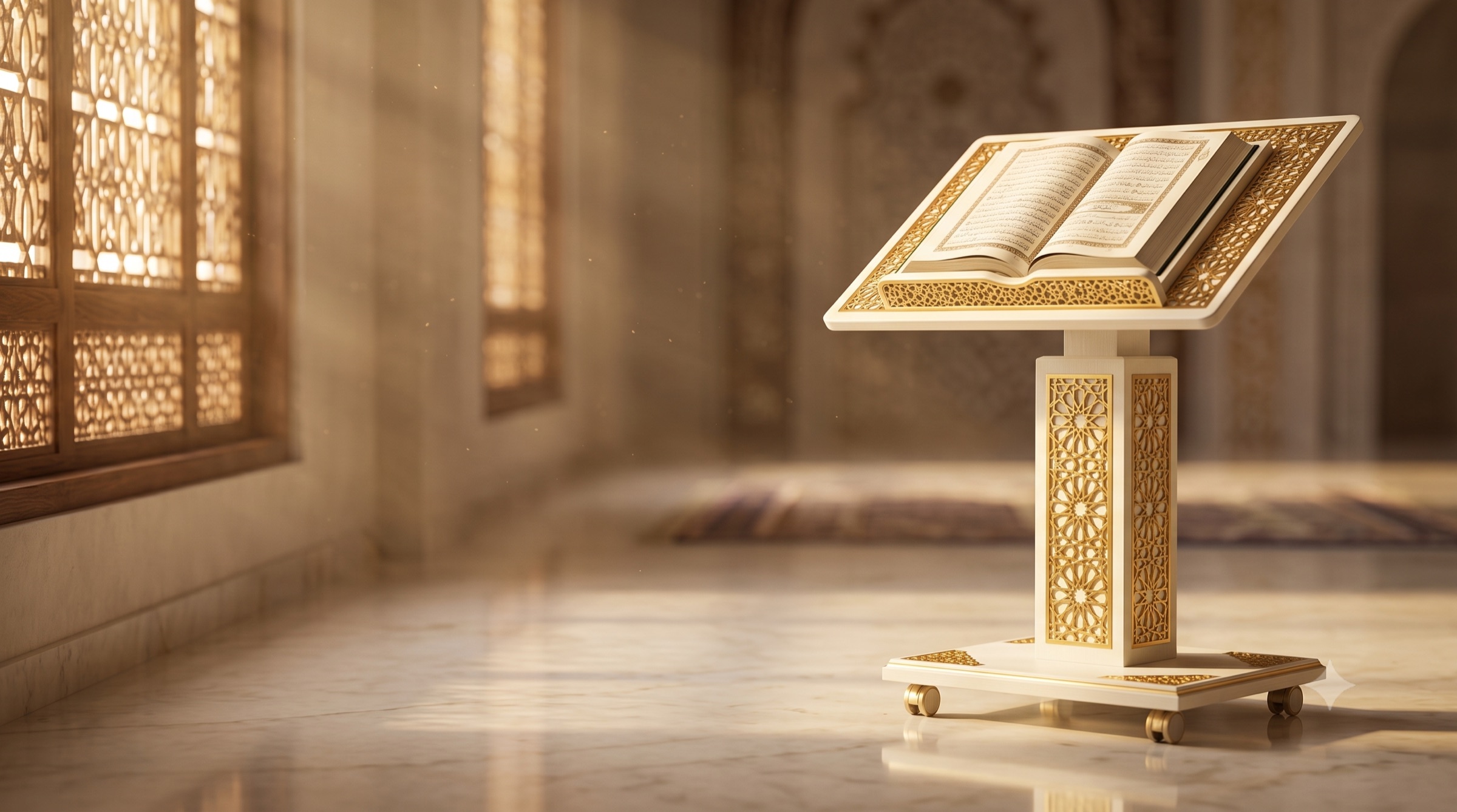 حامل مصحف خشبي فاخر بنقوش ذهبية داخل مسجد
